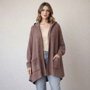 Aerie Oversized Open Knit Cardigan XL Brown Mauve Sweater Souchy Lagenlook Hood